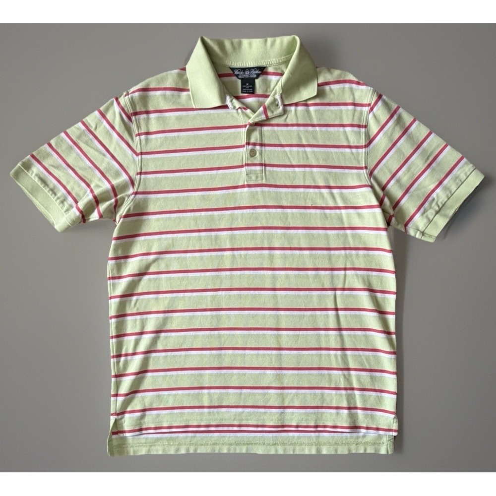 Brooks Brothers Performance Knit Polo Shirt Green Pink Striped Logo Medium JBHS